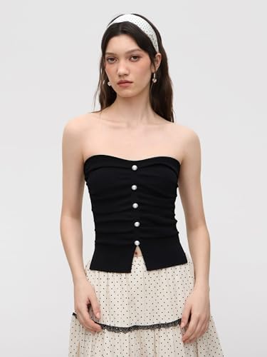 Image of CIDER Faux Pearl Tube Tops for Women Split Hem Knit Crop Y2K Going Out Tops | Cute Ruched Tops, Spring Summer Outfits, Vacation, Concert