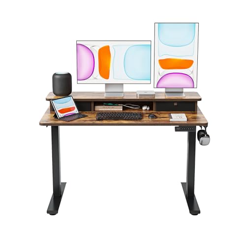 BANTI 48x24 Inch Electric Standing Desk with Dual Drawers Height Adjustable Stand Up Table Sit Stand Home Office Desk with Storage Shelf Black Frame/Rustic Brown Top