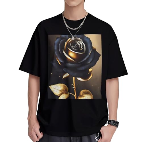 T-shirt en coton à imprimé fleurs noires et dorées pour femme coupe ample et col rond d'été