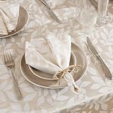 WARM HOME DESIGNS 70 Inch Jacquard Round Tablecloth with 6 Matching Decorative Napkins Included. Beige Tablecloth with Leaf Design for Round Tables for Wedding Decor. CA Linen 70 Round