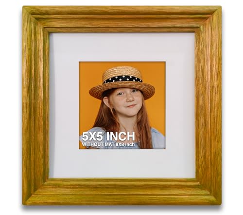 Image of 5 x 5 inch Wooden Photo Frame with Mat, Yellow Photo Frame 5 x 5 inch with Mat or 8 x 8 inch without Mat for Wall Decoration, Best Wooden Photo Frame for Posters and Photos