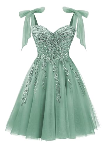 Tulle Homecoming Dresses Short for Teens Sparkly Bow Straps Floral DAMA Dress for Quinceanera Beaded...
