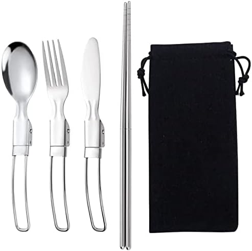 KitchenMade 4 Pack Reusable Flatware Sets Knife, Fork, Spoon, Chopsticks, Stainless Steel Folding Utensil Set & Nylon Storage Bag ，Ultralight Utensils for Backpacking/Hiking/Camping