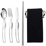 KitchenMade 4 Pack Reusable Flatware Sets Knife, Fork, Spoon, Chopsticks, Stainless Steel Folding Ut