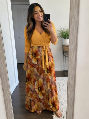 Image of Plus Size Maxi Dress for Women V Neck 3 /4 Sleeve Wrap Dress