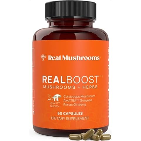 Real Mushrooms RealBoost Capsules - Mushroom Supplement Blend with Cordyceps Mushroom, Panax Ginseng Extract & Guayusa Extract - Energy, Immune Defense, & Mood Support Supplement - Vegan, 60 Caps Cover