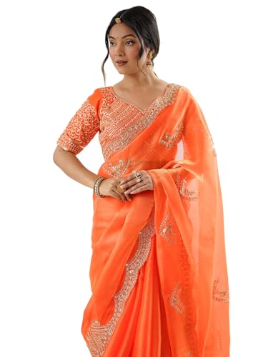 Image of Satrani Women's Tissue Silk Sequin Embroidery Scalloped Border Saree with Unstitched Blouse Piece