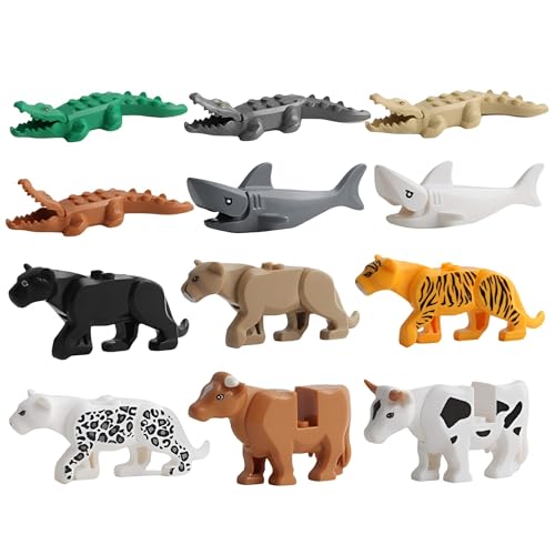 Tiere Minifiguren Bausteine Bausatz, 12 Stück Tier Figuren Bausteine Bausatz mit Krokodil Hai Leopard Tiger etc, DIY Dschungel Zoo Tier Bausteine Spielzeug für Kinder, Kompatibel mit Major Brand
