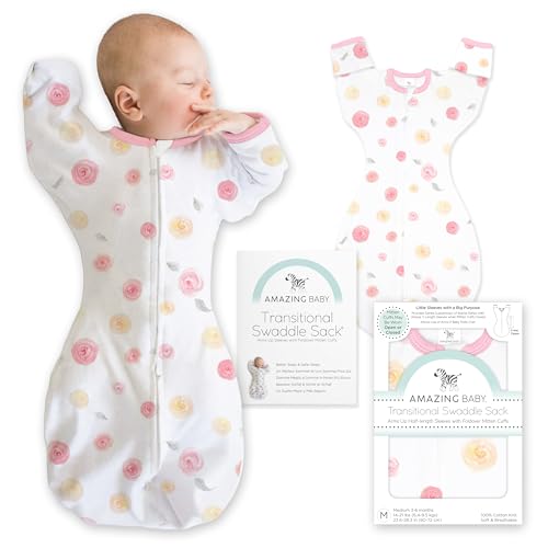 Image of Amazing Baby Transitional Swaddle Sack, Arms Up Half-Length Sleeves & Mitten Cuffs, Swaddle for Newborn Transition to Baby Sleep Sack Wearable Blanket, Sm, 0-3 Month, 6-14 lb, Little Watercolor Roses