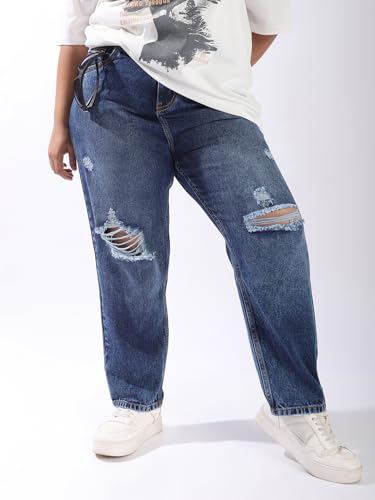 Image of High Star Plus Size Women Cotton Washed Mom Fit High-Rise Jeans