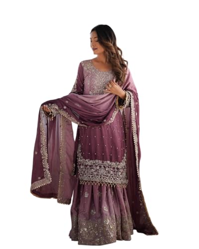 Wonder-crafts Womens Chinon Silk Sequence With Rivet Moti Work Straight Kurta With Sharara and Dupatta Set Indian Pakistani Wedding Special Wear (Purple-M)