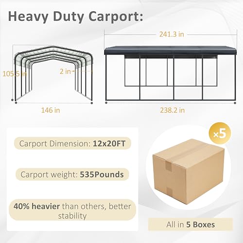 VEIKOU 12\' x 20\' Carport, Upgraded Metal Carport with Heavy Duty Galvanized Steel Roof, Extra Large Car Port for Cars, Car Shelter & Shade