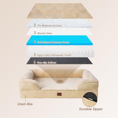 Image of EHEYCIGA Orthopedic Dog Beds for Extra Large Dogs, Waterproof Memory Foam XXL Dog Bed with Sides, Non-Slip Bottom and Egg-Crate Foam Big Pet Couch Bed with Washable Removable Cover, Greige