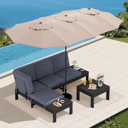SERWALL HDPE Patio Furniture Set with 15FT Double Side Patio Umbrella, Outdoor Sofa Set, Seats 4, Modular Sectional Couch for Patio, Garden, Backyard, Black Frame with Grey Cushion