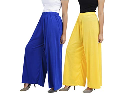 Image of Buy That Trendz M to 4XL Cotton Viscose Loose Fit Flared Wide Leg Palazzo Cotton for Pants Women Royal Blue Yellow Combo Pack of 2 XXX-Large
