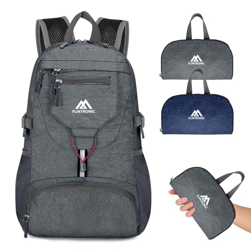 flintronic Leicht Wanderrucksack Klein, 20L Faltbarer Rucksack Ultra Leicht, Unisex Tagesrucksack Outdoor, Wasserdichter Wanderrucksack für Camping, Outdoor, Wandern, Radfahren (Grau)