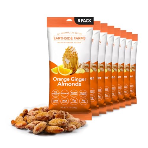 Image of Earthside Farms Orange Ginger Almonds 1oz, 8 Pack - Low Sugar, Keto-Friendly Candied Almonds - Gluten-Free Vegan Snack with Real Ginger and Citrus Zest - Perfect On-the-Go Snack for Work, School