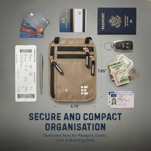 Image of Neck Wallet for Travel & Passport Holder with RFID Blocking - Slim & Easy to Conceal Nylon Travel Pouch for men & women - Holds Phone, Cash, Cards, Keys - Sweat & Water Resistant - Large - Beige