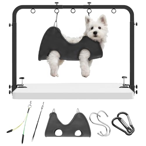 Josmimic Hundepflegetisch-Arm für Trimmtisch höhenverstellbar 107 cm hoch 6999 cm breit mit Tischklemme bis 7 cm Hängematte & 2 Anti-Sitz-Schlaufen für kleine und große Hunde & Katzen