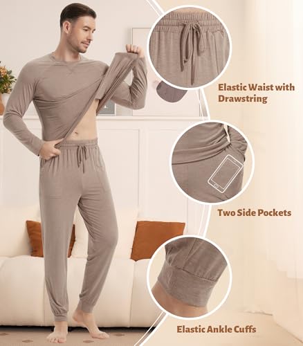 Image of NACHILA Mens Pajamas Set Long Sleeve Henley Sleepwear Top Soft Jogger Pants Pajamas Cool Pjs Set,Viscose Made from Bamboo
