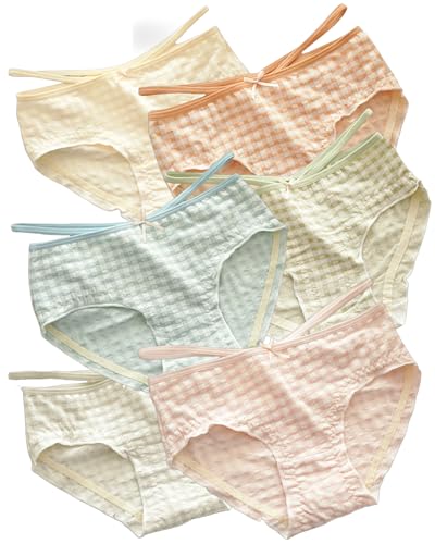 Korean Cute Cotton Plaid Panties for Teen Girls,Ruffled Trim Mid Rise Underwear,Breathable for All Season,6 Pack