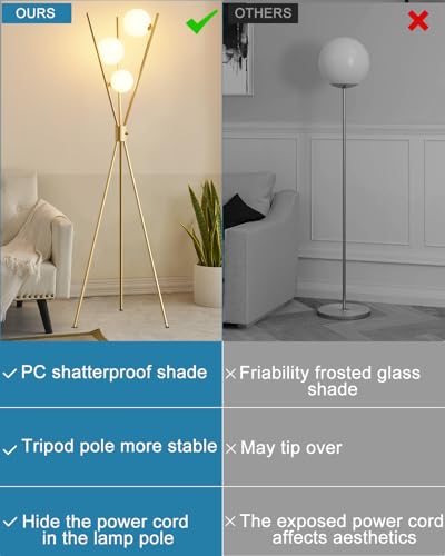 Image of Lightdot Tripod Floor Lamp Stepless Dimmable Globe Modern Floor Lamp Gold Standing Lamps with Stable Base& 3PCS 3000K Bulbs Included Mid Century Floor Lamps for Living Room /Sofa Beside /Corner Decor