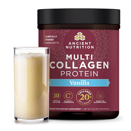 Ancient Nutrition Collagen Peptides Powder, Multi Collagen Protein, Women & Men, Vitamin C, Probiotics, Hydrolyzed Collagen, Supports Skin, Joints, Gut Health, Vanilla, 60 Servings
