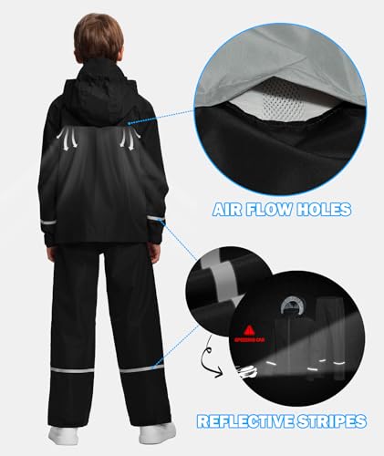 Kids Rain Suit Jacket and Pants Set with Reflective Strips Adjustable Hood Flap Pocket for Boys Girls3