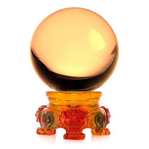 Amlong Crystal 3 inch (80mm) Yellow Crystal Ball with Rainbow Lion Resin Stand and Gift Box for Decorative Ball, Lensball Photography, Gazing Divination or Feng Shui, and Fortune Telling Ball
