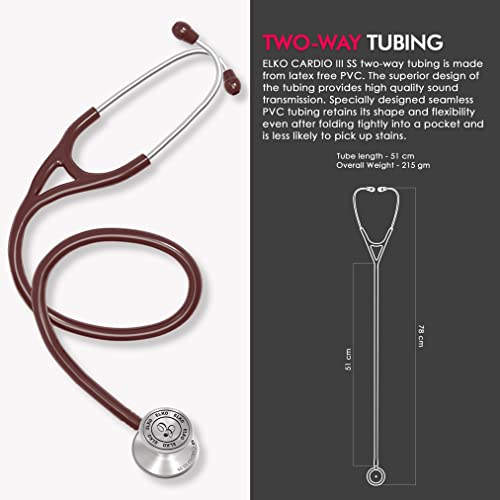 Image of ELKO EL-060 CARDIO III SS Stainless Steel Acoustic Stethoscope | Two-Way PVC Tubing | Double Sided Chestpiece For Adult & Pediatric Patient | Doctors & Medical Students (Brown)