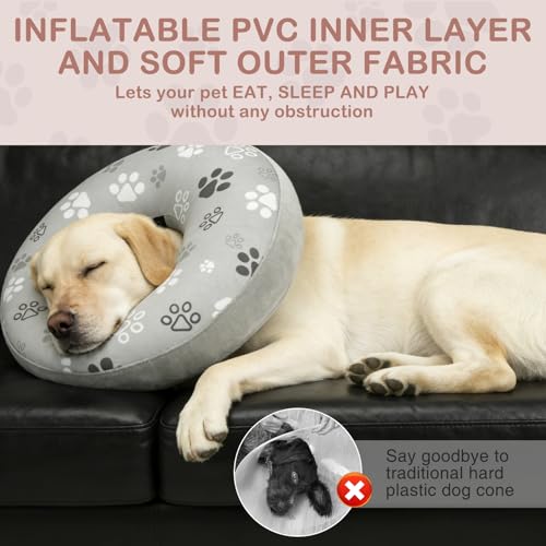 Image of SCENEREAL Dog Cone Alternative After Surgery Donut Collar, Soft Pet Recovery Pillow Collar for Medium Large Dogs, Inflatable Adjustable Neck Collars to Prevent Licking, Grey Footprints L