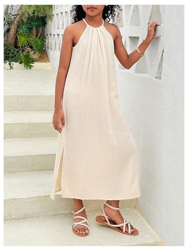 Floerns Girl's Pleated Halter Slit Midi Dress A Line Vacation Casual Loose Dresses2