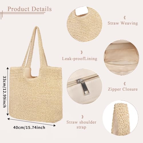 Straw Beach Tote Bag for Women, Summer Woven Tote Bag Shoulder Handbag Straw Beach Bags Shoulder Bag for Summer Beach Party (Beige)2