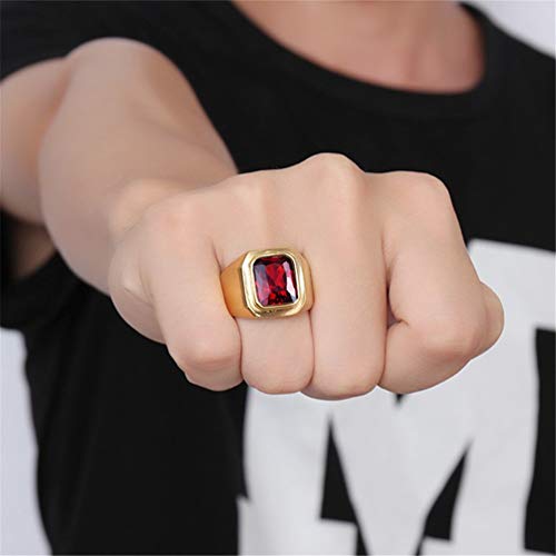 Pmtier Men's Stainless Steel Simple Gold Plated Ring With Square Red Gem Stone Size 10 #TOP5