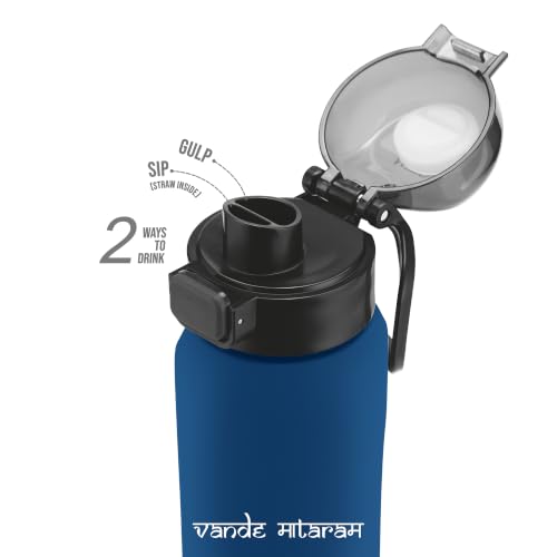Image of Milton Dual Flow 600 Thermosteel Vande Mataram Water Bottle 595 ml, One Touch Safety Lock & Twin Lid Sip or Gulp,Long Hours Hot & Cold,Leak Proof,ISI Certified,Vacuum Insulated,Office,Gym,School,Blue