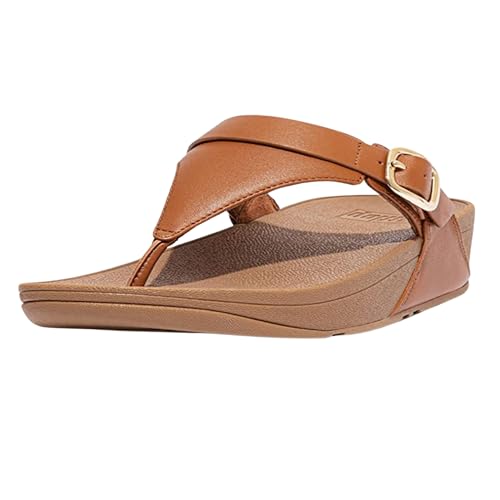 FitFlop Women's Lulu Arch Support Adjustable Leather Toe Post Sandals for Women - Fashion Slip on Flip Flop Footwear for Walking, Comfortable Non Slip Platform Sandal, Light Tan, 9