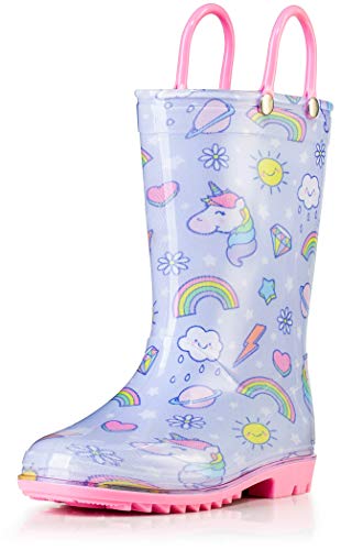Botas de lluvia para niños pequeños con asas fáciles de tirar, colores y patrones para niños y niñas Puddle Play, unicornio, 8 US Toddler