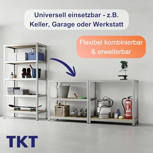 TKT – Work System Steckregal mit Holzböden & Unterzug 180x92x46cm - Verzinktes Regal mit 265kg Tragkraft pro Boden. Schwerlastregal mit 5 Böden für Werkstatt, Wohn- & Kellerraum