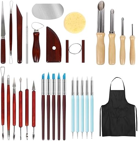 28-PACK Pottery Clay Sculpting Tools,LAMPTOP Ceramic Clay Tools Set, Wooden Pottery Sculpting Clay Cleaning Tool Set for Potters Beginners Professionals Arts Crafts