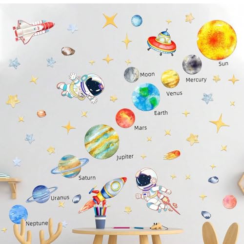 Planet Wall Decals for Kids Room – Solar System Wall Decals Astronaut, Planets, Rocket and Stars Peel and Stick Removable Wall Stickers for Nursery, Bedroom, Classroom