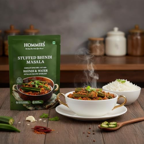 Image of Hommies Stuffed Bhindi Masala Spice Mix | Ready to Cook in Minutes | Just Add Ladyfinger & Water | Serves 4 | Healthy Curry Masala with No Preservatives | Pack of 4 (200g, 50g Each)
