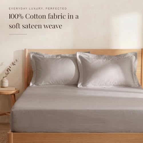 Image of Huesland 300 TC Premium 100% Pure Cotton Luxe Soft Touch Fitted Single Size Bedsheet Cotton with 2 Pillow Covers | Perfect Greige | 36 x 78 Inches