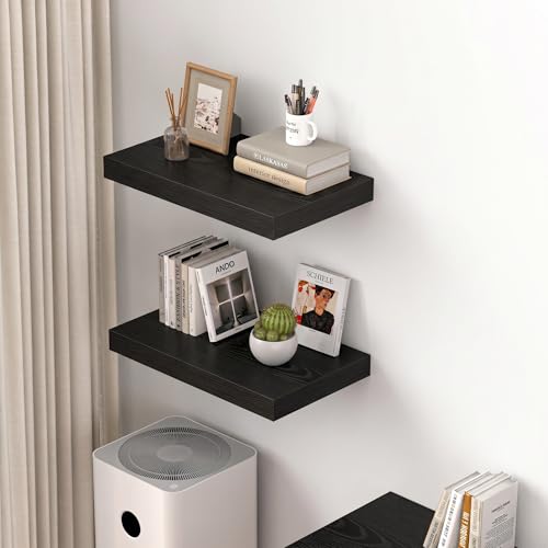 Image of Dreamland 20 inch Floating Shelves for Wall, 12 inch Deep Thicker Black Floating Shelves, Wall-Mounted Shelves for Bedroom, Living Room, Kitchen, Bathroom - Set of 2