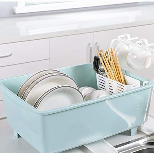 Kitchen Portable Drain Rack with Rotatable Nozzle, Plastic Cutlery Rack with Lid, Heat-resistant and Non-slip