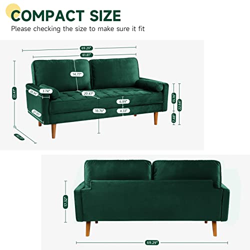 Vesgantti Green Couches For Living Room 69 Inch, Mid Century Modern Velvet Love Seats Sofa, Upholstered 3-Seater Loveseat W/Armrest For Bedroom, Apartment, Home Office #TOP2