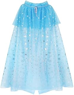 Princess Cape Blue Princess Cloak Decorate with Snowflakes Stars, Princess Fancy Dress Halloween Costume Sparkling Sequins Tulle Carnival Birthday Party Cosplay Princess Dress Up for Girls (105cm)