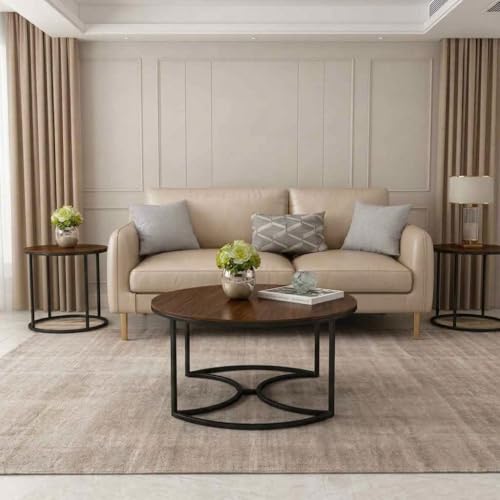 Image of 3 Piece Living Room Table Set, 1 Center Table and 2 End Nesting Tables NO-Tools Assembly Round Stacking Coffee Side Tables for Small Spaces, Nightstand Bedside Table