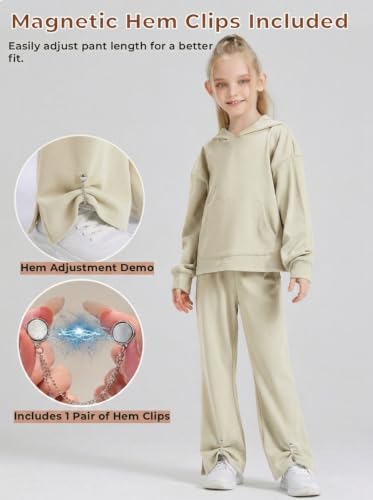 Image of Girls 2 Piece Hoodie Bell Bottom Sweatsuit Fall Outfit Set | Long Sleeve,front pocket,side-slit flare,machine washable,soft rayon-blend,skin-friendly,stretchy,durable