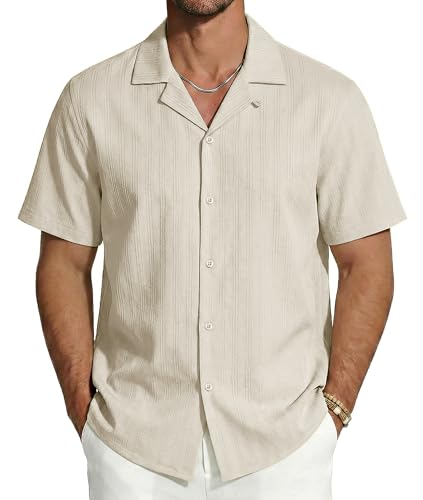 MAGNIVIT Mens Cuban Shirt Beach Button Down Shirt for Men BeigeWhite L