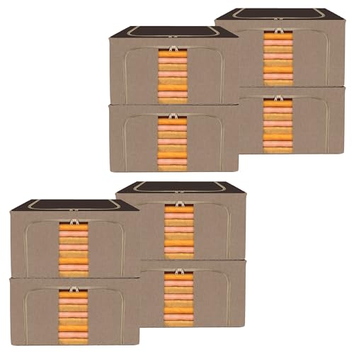 Image of Heart Home Pack of 8 Clothes Storage Box | 88 Liter Foldable Steel Frame Clothes Organizer | Storage Box For Wardrobe-Saree-Shirts And Blankets | Underbed Storage Bag | Brown